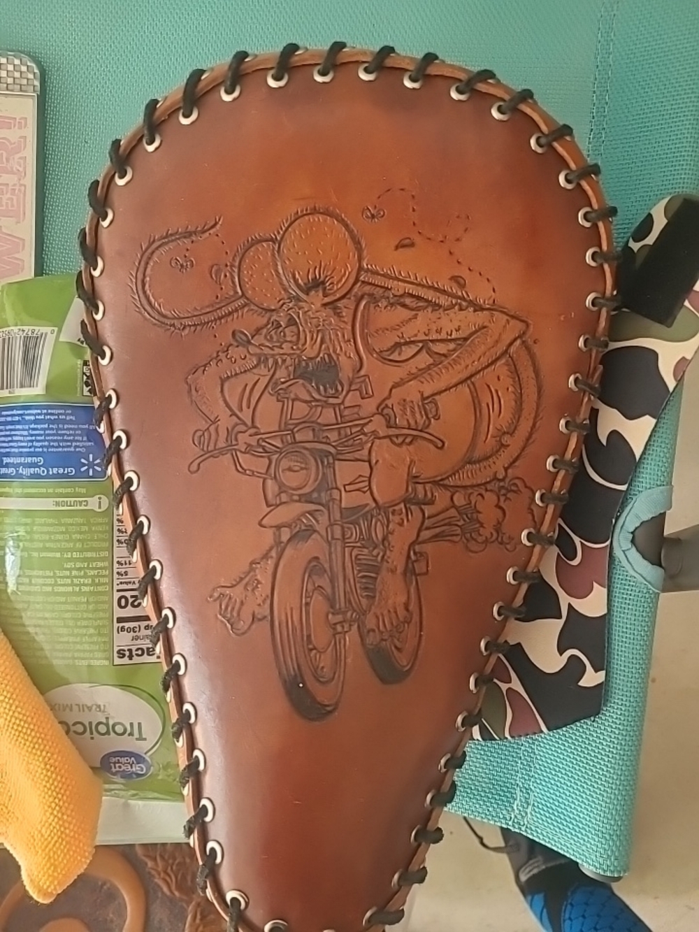 Hand-Tooled Leather Motorcycle Seat - Brown